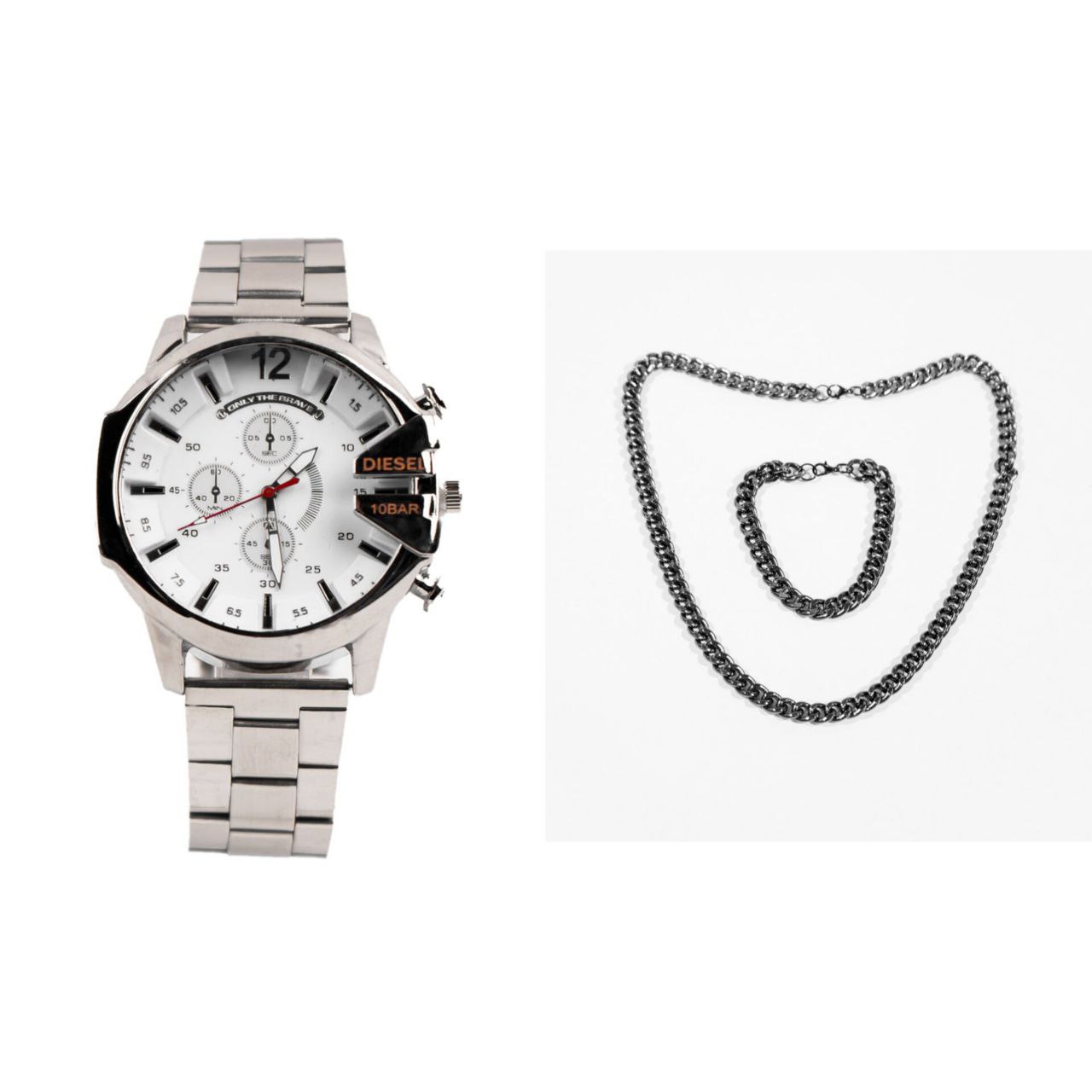 ست ساعت مچی مردانه نقره ای صفحه سفید مدل U700  دستبند و گردنبند کارتیه رنگ دودی