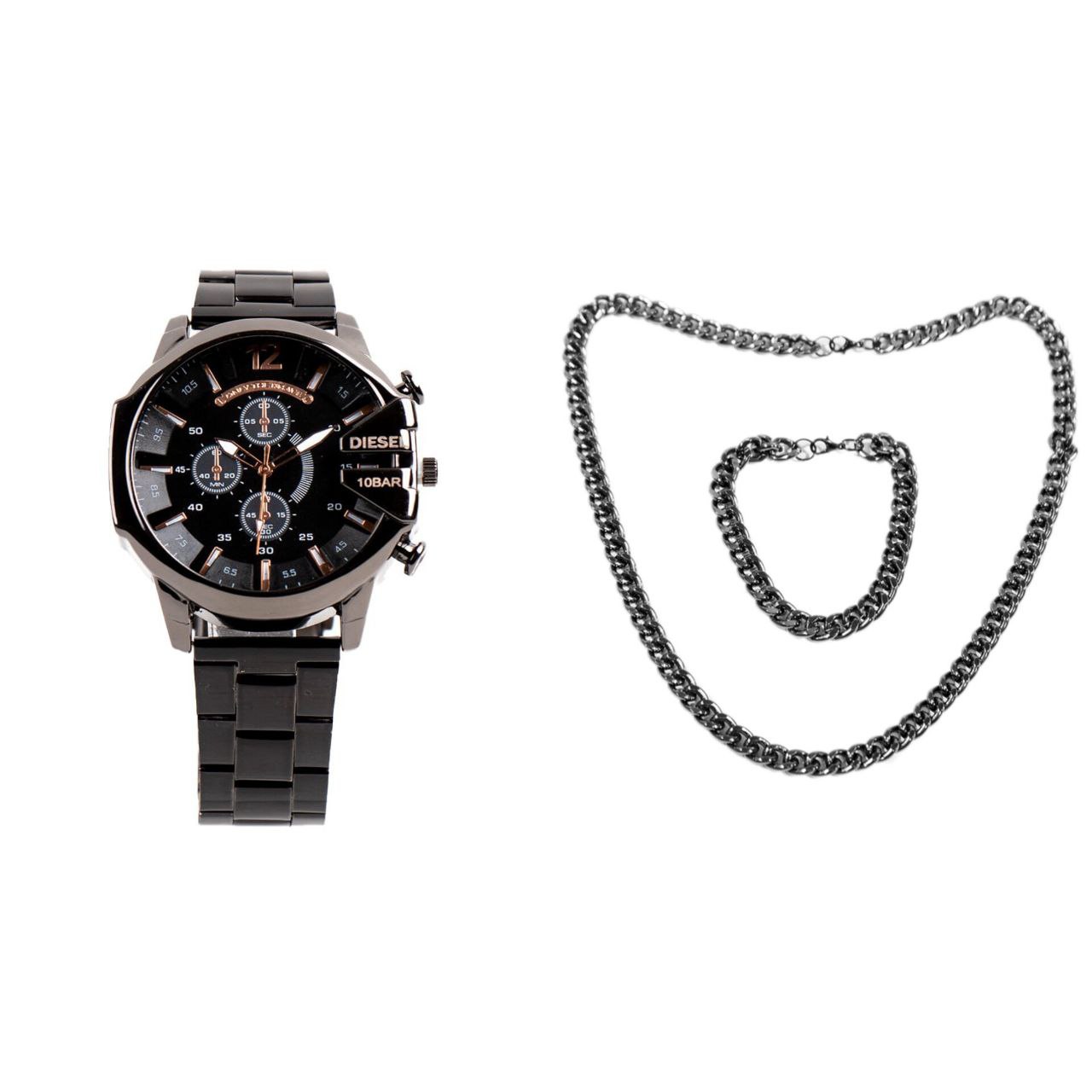 ست ساعت مچی مردانه مشکی صفحه مشکی مدل U700  دستبند و گردنبند کارتیه رنگ دودی