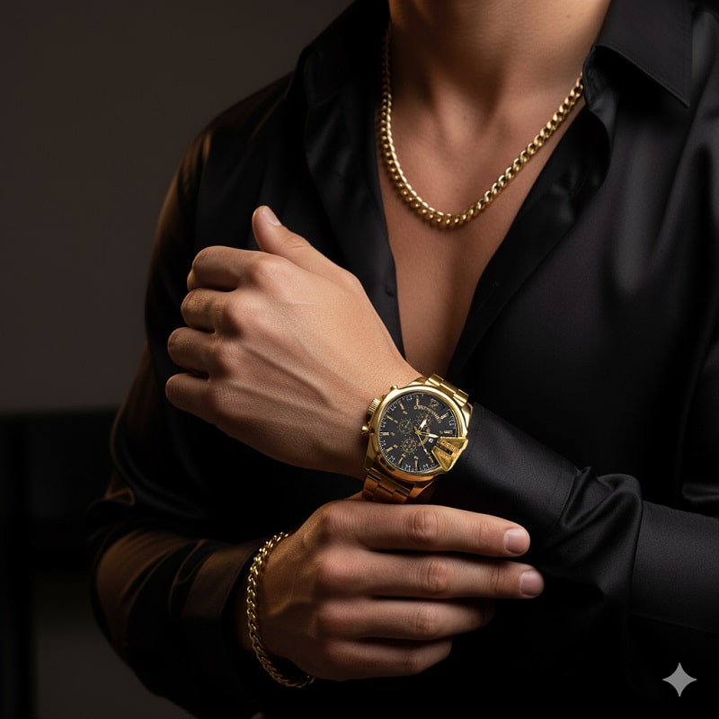 ست ساعت مچی مردانه طلایی صفحه مشکی مدل U700  دستبند و گردنبند کارتیه رنگ طلایی