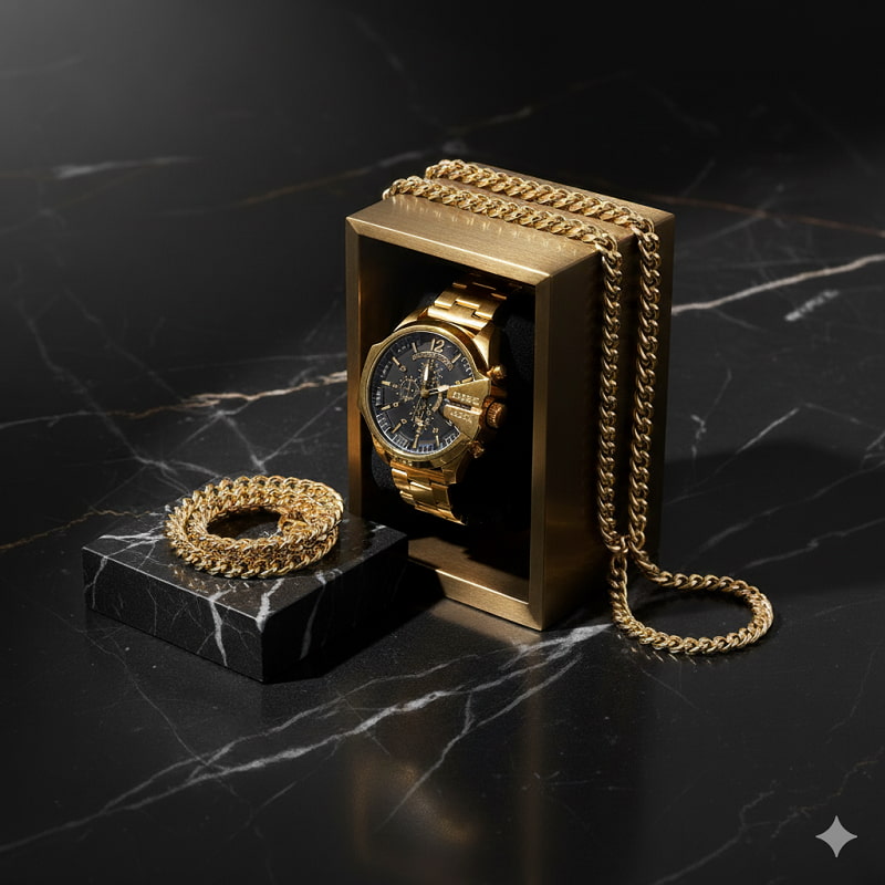 ست ساعت مچی مردانه طلایی صفحه مشکی مدل U700  دستبند و گردنبند کارتیه رنگ طلایی