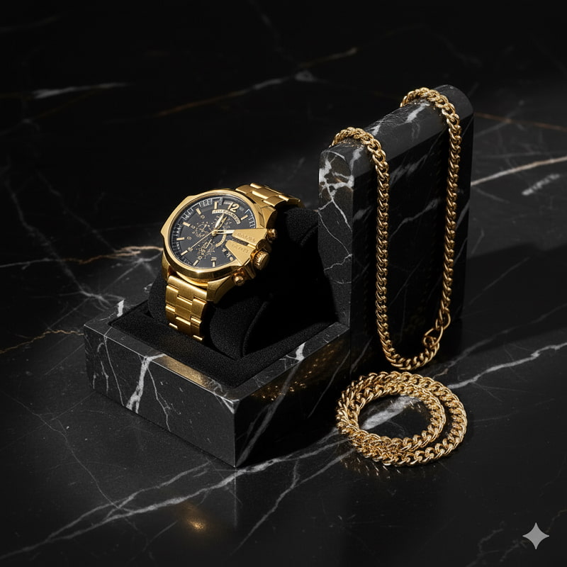 ست ساعت مچی مردانه طلایی صفحه مشکی مدل U700  دستبند و گردنبند کارتیه رنگ طلایی