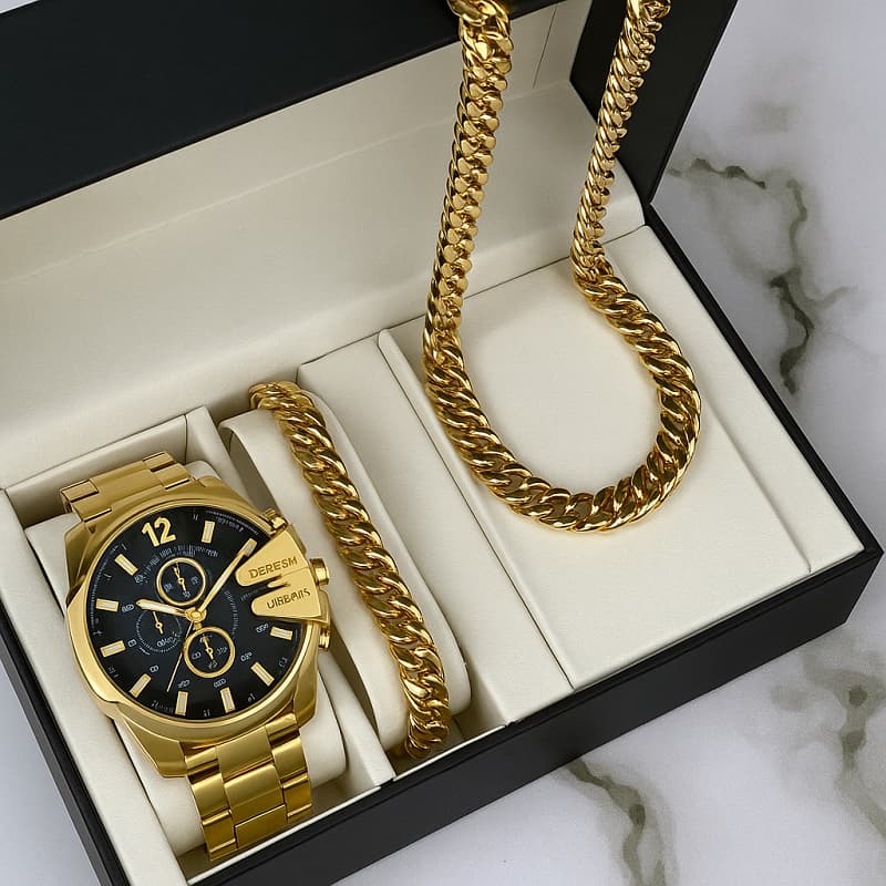 ست ساعت مچی مردانه طلایی صفحه مشکی مدل U700  دستبند و گردنبند کارتیه رنگ طلایی