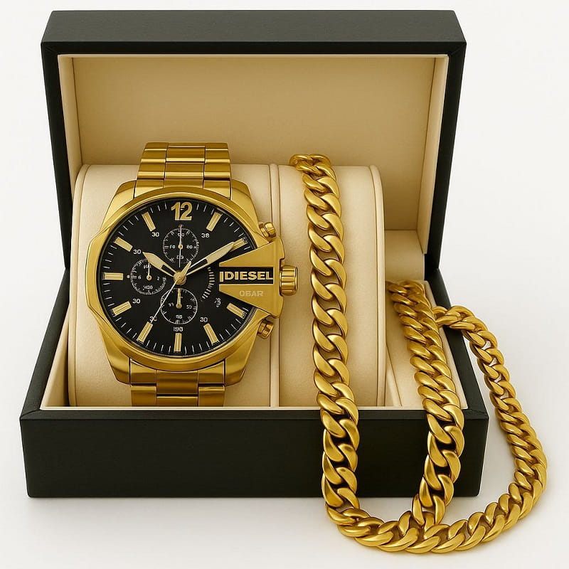 ست ساعت مچی مردانه طلایی صفحه مشکی مدل U700  دستبند و گردنبند کارتیه رنگ طلایی